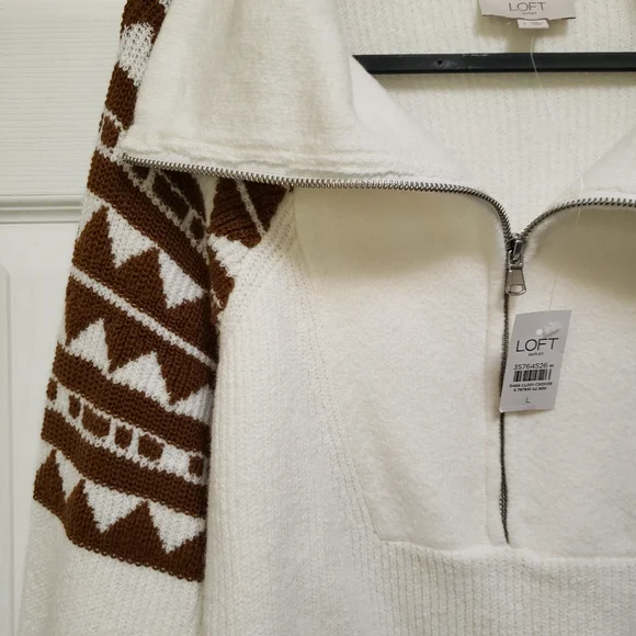 LOFT Cream Brown Southwestern Ribbed Pull Over 1/2 Zip Sweater - Picture 2 of 5